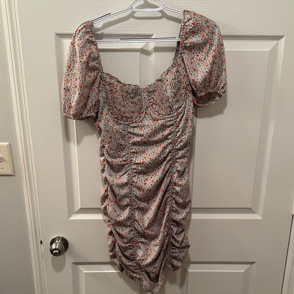 Floral Ruched Puff-Sleeve Mini Dress - Light Blue with Orange & Green Floral